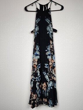 Free People Black Blue Tropical XS Midi Dress